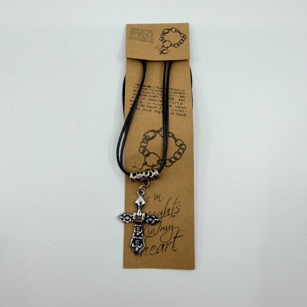 Gothic Fleur De Lis Cross Pendant Necklace - Black Cord Statement Gift